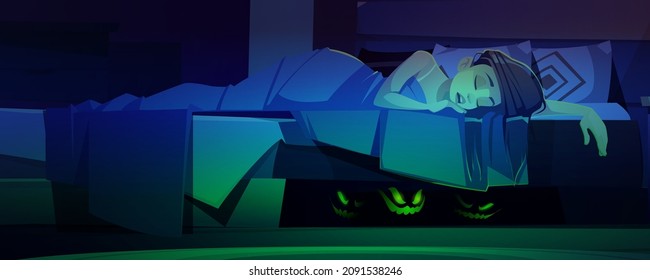 Monsters hiding under bed with sleeping woman. Vector cartoon illustration of bedroom interior at night, girl sleep and glowing green eyes of scary creatures, boogeyman or ghosts