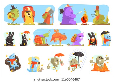 Monsters Hiking And Camping. Funky Creatures Colorful Characters With Walking Outdoors