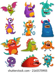 Monsters icons funny cute cartoon characters