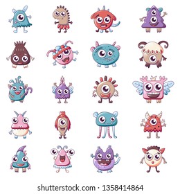 Monsters icons set. Cartoon set of monsters vector icons for web design