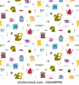 Monsters for Kids Design seamless pattern background. Seamless pattern Fun Cute Cartoon characters for Kids Design background. Vivid fabulous incredible creatures design isolated on white.
