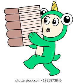 monsters are learning how to carry piles of books to read, vector illustration art. doodle icon image kawaii.