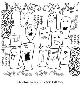 Monsters line drawing isolated and decorated