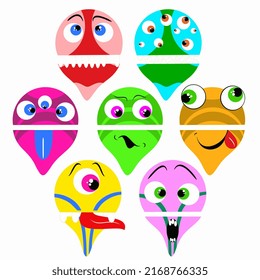 Monsters, Little Monster Dots. Cute, adorable characters. Colorful monster head icon set. Spooky, smiling, sad, worried, happy face emotion. Three eyes, tongue, teeth. Fun, silly vector illustrations.