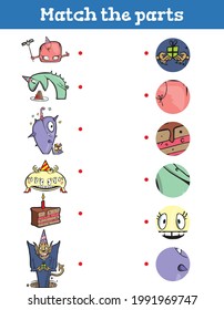 Monstruos Coinciden con la parte Juego educativo para niños. Ilustración vectorial de dibujos animados.