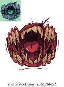 The monster's mouth opened wide as if it was torn and showed its scary, terrifying fangs.