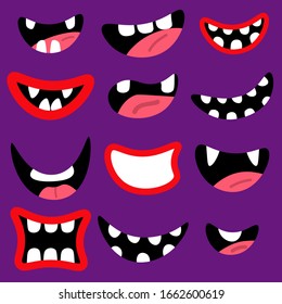 Monstruos en la boca. Bocas de caricatura roja con dientes y lengua aisladas en fondo violeta. Ilustración vectorial.