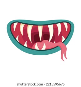 Monsters mouth with teeth vector illustration. Goblin, troll or gremlin, snake tongue and teeth isolated on white background. Fantasy, Halloween, fairy tale concept