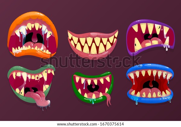Monsters mouths. Funny\
facial expression, open mouth with tongue and drool. Scary and\
horror mouths\
Monsters.