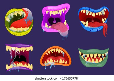 Los monstruos hablan. Halloween dan miedo a los dientes monstruo y la lengua se cierra en la boca. Divertida expresión facial, boca abierta con lengua y gool.