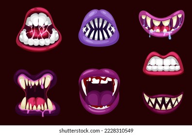 Monsters mouths. Halloween scary monster teeth and tongue in mouth. Scary lips teeth and tongue monsters. Monstrous mouths, emotions