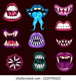 Monsters mouths. Halloween scary monster teeth and tongue in mouth. Scary lips teeth and tongue monsters. Monstrous mouths, emotions
