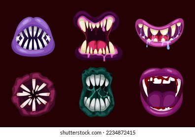 Monsters mouths. Halloween scary monster teeth and tongue in mouth. Scary lips teeth and tongue monsters. Monstrous mouths, emotions