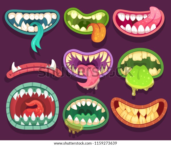 Monsters mouths. Halloween scary monster teeth and\
tongue in mouth closeup. Funny jaws and crazy face laugh maws of\
happy bizarre creatures expression zombie or alien character\
cartoon vector icon\
set