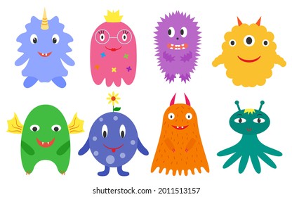 Monsters are multicolored bright set, kind smiling with horns and wings, smooth and fluffy, with a crown and flowers. A collection of cute funny characters. Design element. Vector flat illustration