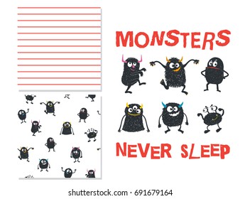 Monsters never sleep. Surface design and 2 seamless patterns. Use for print design, fashion kids wear. Vector illustration