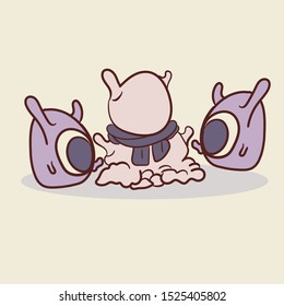 Monsters New Year vector drawing. Two sculpt a snowman. New Year card