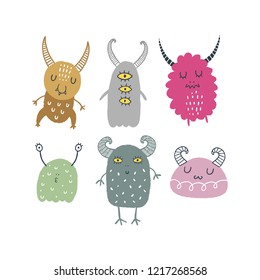 Monsters nursery set, cute characters. Vector illustrations, collection for kids