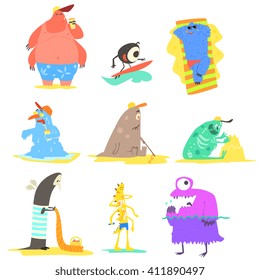 Monsters  On The Beach Childish Funny Flat Vector Illustrations Collection Isolated On White Background