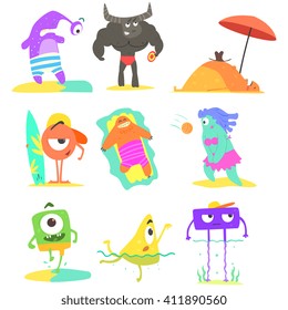 Monsters  On The Beach Childish Funny Flat Vector Illustrations Set Isolated On White Background