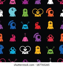 Monsters on black background - seamless pattern