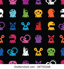 Monsters on black background - seamless pattern