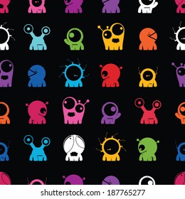 Monsters on black background - seamless pattern
