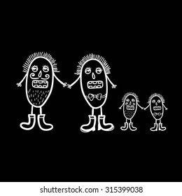 Monsters on black background, vector illustration.