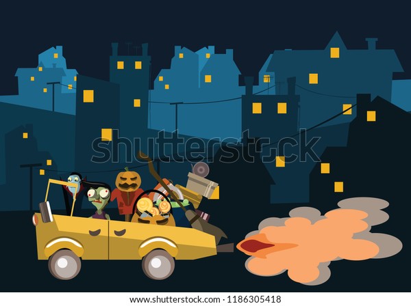 monsters on a car vector\
illustration 