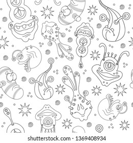 monsters outline seamless pattern. Cute funny monsters vector illustration for coloring book.