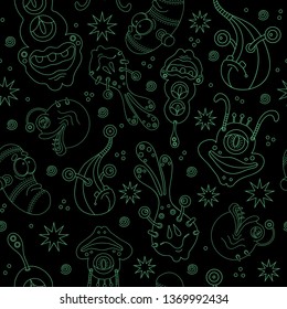 monsters outline seamless pattern. Cute funny monsters vector illustration on black background green lines