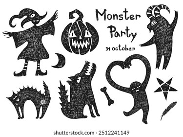 Monsters party, hand drawn doodle. Witch, a werewolf, a pumpkin, a devil dance at a coven.