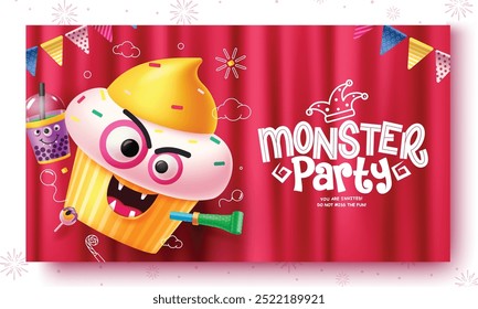 Diseño de Vector de tarjeta de invitación de fiesta de monstruos. Texto de saludo de cumpleaños de Halloween con Elementos de personajes sonrientes de pastel de taza en fondo rojo. Diseño de tarjeta de fiesta de Ilustración vectorial. 
