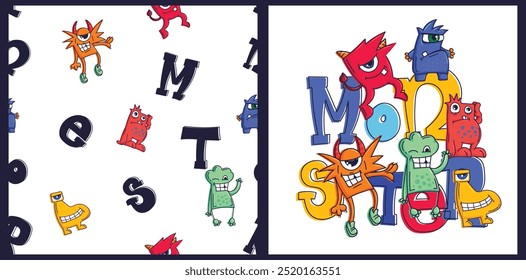 Monstermuster. Cartoon-Poster mit Dude-Charakter auf Textzusammenstellung. Wiederholen Monster Ornament Für Kinder Textilien, Jungen Kleidung, Packpapier. Halloween-Print. Kinder Textil Ornament. Tee-Design