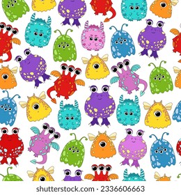 Monsters pattern. Funny cartoon monsters set. Halloween character background. Cute aliens icons isolated. Adorable monster illustration. Childish monsters pattern. Creative kids texture. 