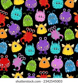 Monsters pattern. Funny cartoon monsters set. Halloween character background. Cute aliens icons isolated. Adorable monster illustration. Childish monsters pattern. Creative kids texture. 