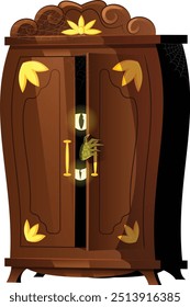 Monsters Peeking Out From a Vintage Wooden Wardrobe with Golden Accents and Cobwebs - Spooky Season Vector Art 