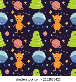 Monsters with planets, stars and spaceship in cartoon style. Seamless pattern. Can be used for wallpaper, fill web page background, surface textures