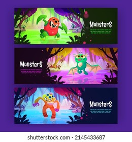 Monsters Posters With Cute Alien Animals In Forest Swamp. Vector Horizontal Banner With Cartoon Fantasy Illustration Of Magic Woods Landscape And Fantastic Creatures