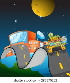 Monsters in a school bus traveling on a road on earth