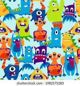 Monsters seamless pattern. Cartoon character repetitive print.