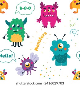 Monsters seamless pattern. Funny childish monster, cyclop or alien. Different emotions characters. Fabric print design for kids, classy vector background