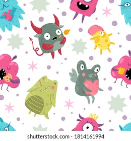 Monsters seamless pattern. Funny incredible creatures with smiles. Cute goofy characters faces Creative color mutant kid textile designs for wrapping paper, wallpaper vector texture on white background