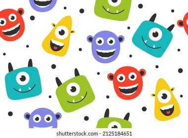 Monsters seamless pattern. Repeating image for printing on childrens bed linen. Fictional characters, imagination and fantasy. Unusual scary person, Halloween. Cartoon flat vector illustration