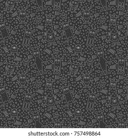 Monsters seamless pattern with stars and inscriptions. Cartoon funny background for kids. Black and white. Vector