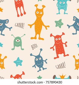 Monsters seamless pattern with stars and inscriptions. Cartoon background. Vector
