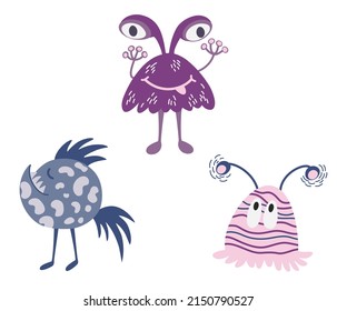 Monsters set. Aliens. Cute space monsters for kids and toys. Funny bright character in a hand-drawn cartoon doodle style. Ideal for packaging games, puzzles, mazes. Vector cartoon illustrations