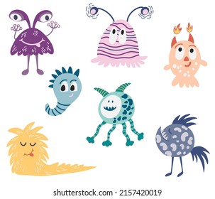Monsters set. Aliens. Cute space monsters for kids and toys. Funny bright character in a hand-drawn cartoon doodle style. Ideal for packaging games, puzzles, mazes. Vector cartoon illustrations