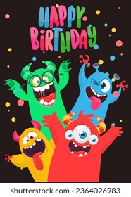 Сartoon monsters set. Birthday party invitation or poster design with different creatures celebrating. Vector illustration. Great for children holiday.