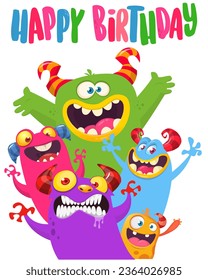 Сartoon monsters set. Birthday party invitation or poster design with different creatures celebrating. Vector illustration. Great for children holiday.